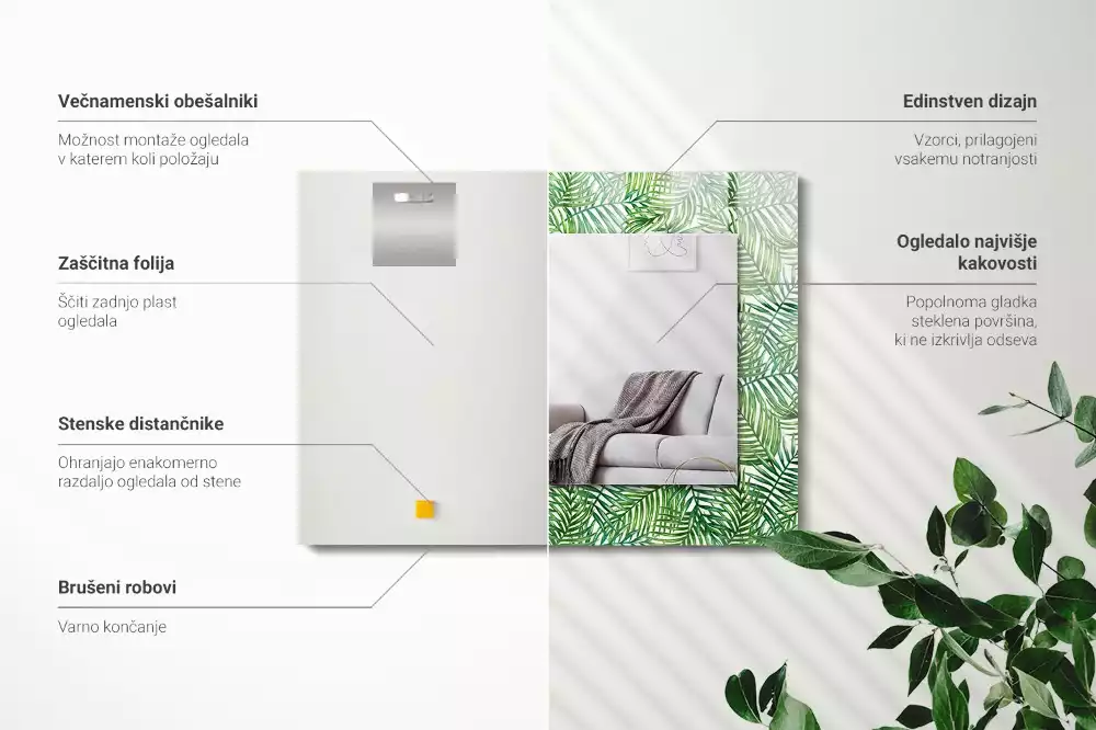 Obdélníkové zrcadlo s dekorem zelené palmové listy
