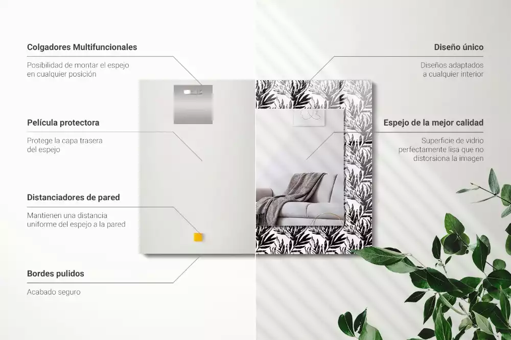 Obdélníkové zrcadlo rám s potiskem černobílé listy