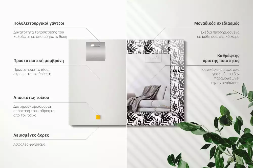 Obdélníkové zrcadlo rám s potiskem černobílé listy