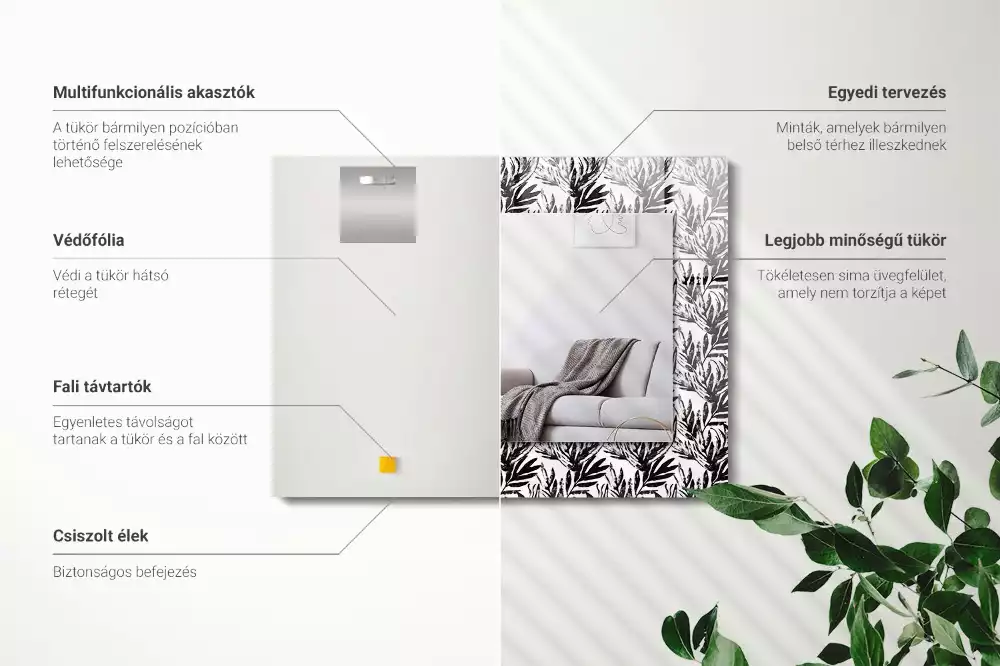 Obdélníkové zrcadlo rám s potiskem černobílé listy