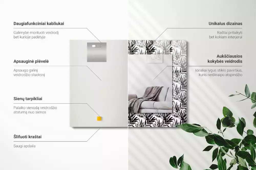 Obdélníkové zrcadlo rám s potiskem černobílé listy