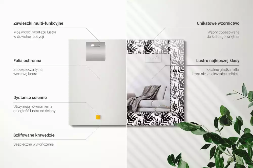Obdélníkové zrcadlo rám s potiskem černobílé listy
