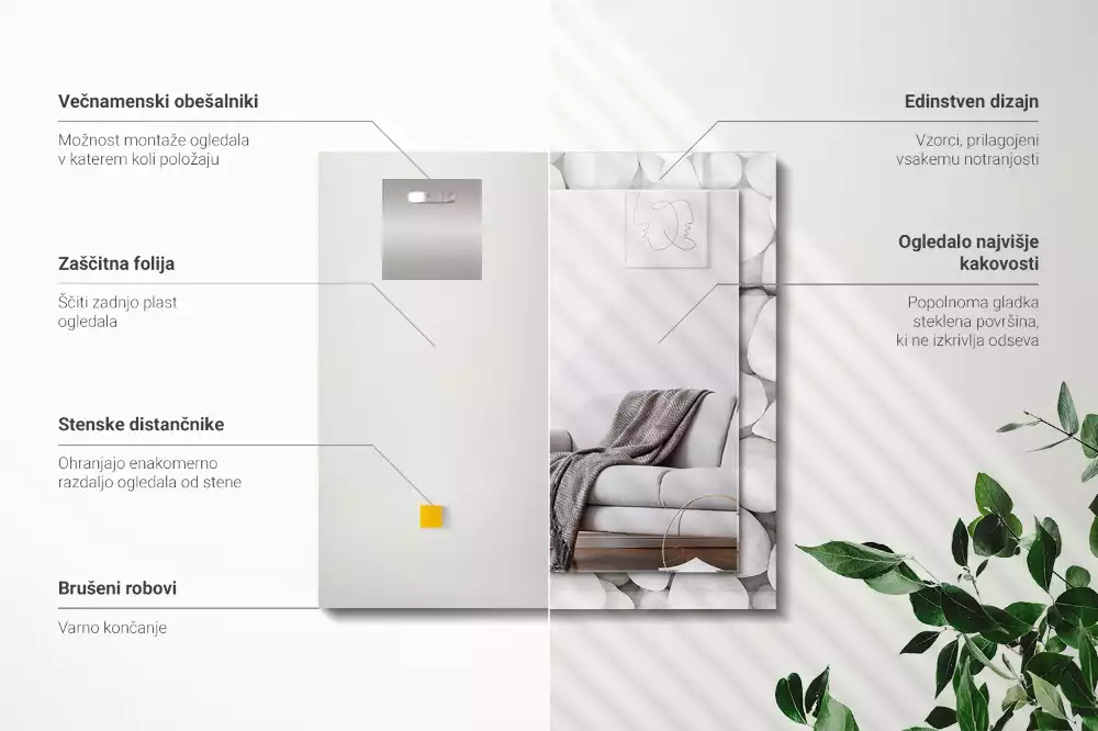 Obdélníkové dekorační zrcadlo na zeď bílé hladké kamínky