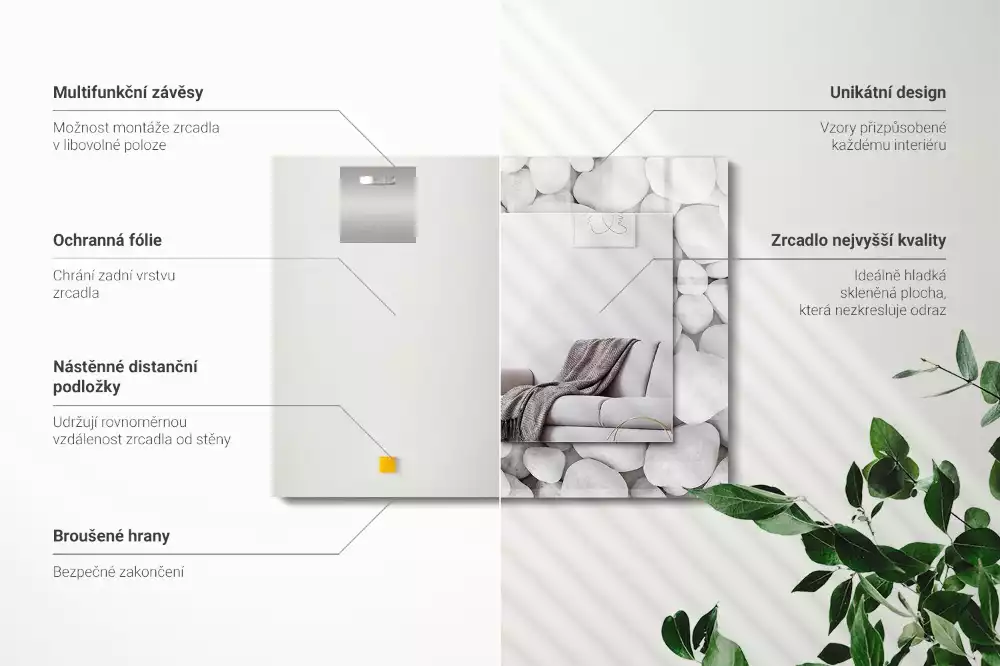 Obdélníkové dekorační zrcadlo na zeď bílé hladké kamínky