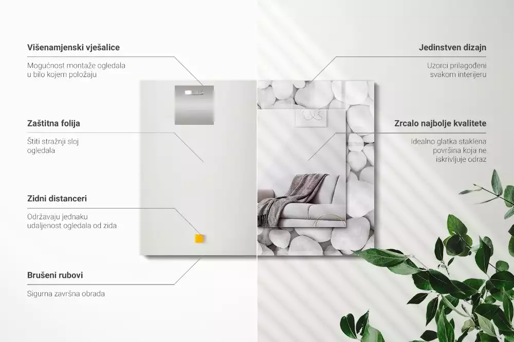 Obdélníkové dekorační zrcadlo na zeď bílé hladké kamínky