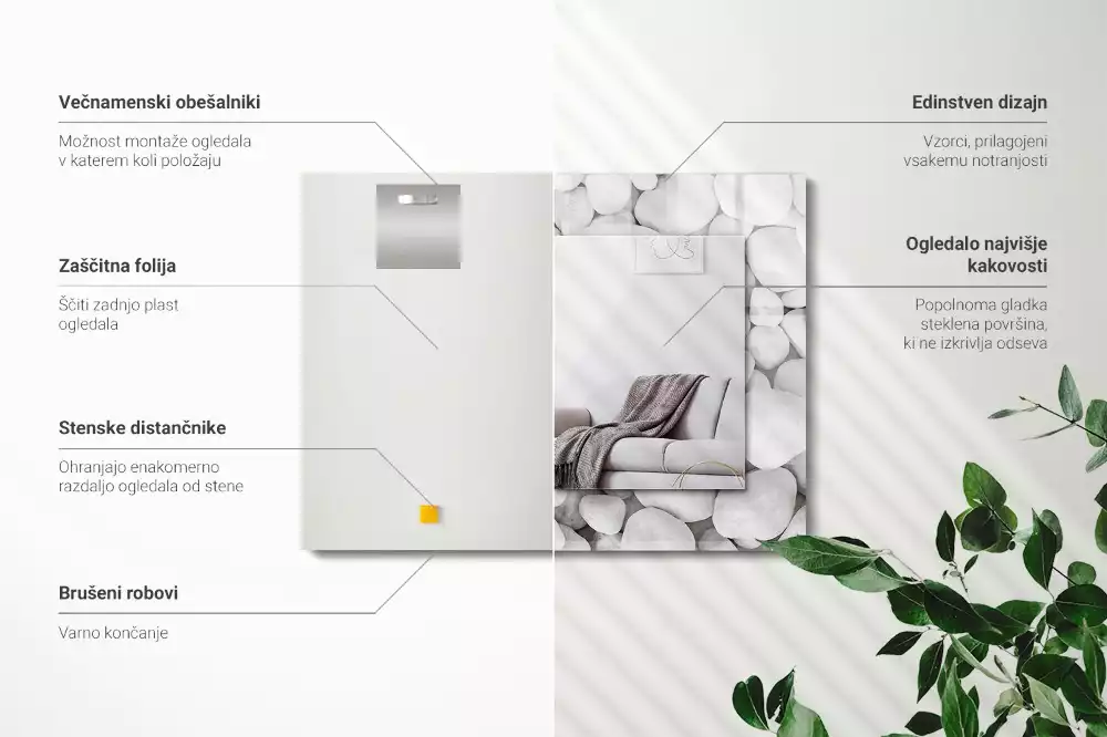 Obdélníkové dekorační zrcadlo na zeď bílé hladké kamínky