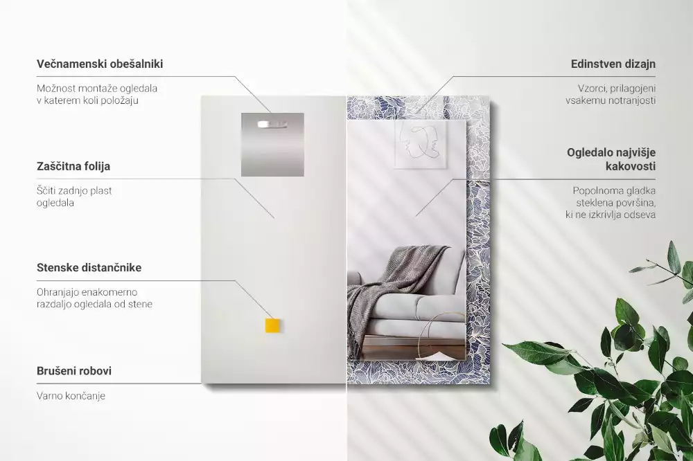 Obdélníkové dekorační zrcadlo na zeď květinový textilní motiv