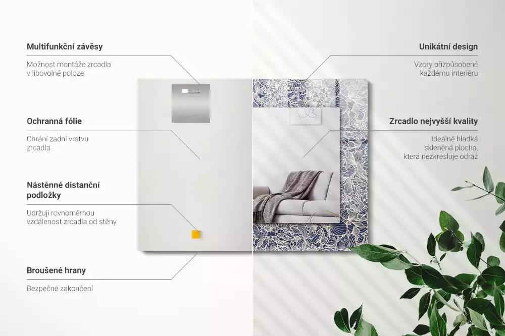 Obdélníkové dekorační zrcadlo na zeď květinový textilní motiv