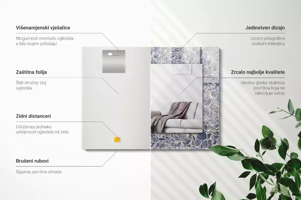 Obdélníkové dekorační zrcadlo na zeď květinový textilní motiv