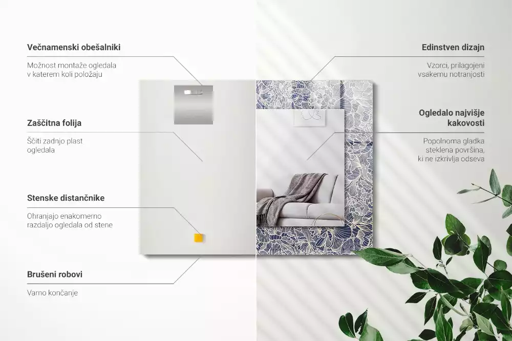 Obdélníkové dekorační zrcadlo na zeď květinový textilní motiv