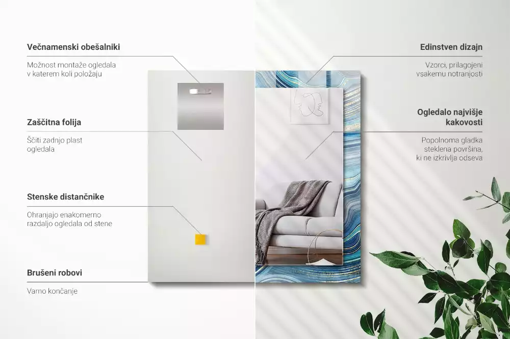 Obdélníkové dekorační zrcadlo na zeď abstraktní modré vlny