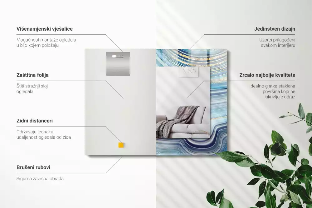 Obdélníkové dekorační zrcadlo na zeď abstraktní modré vlny