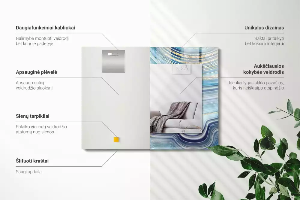 Obdélníkové dekorační zrcadlo na zeď abstraktní modré vlny