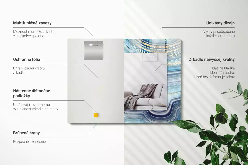 Obdélníkové dekorační zrcadlo na zeď abstraktní modré vlny