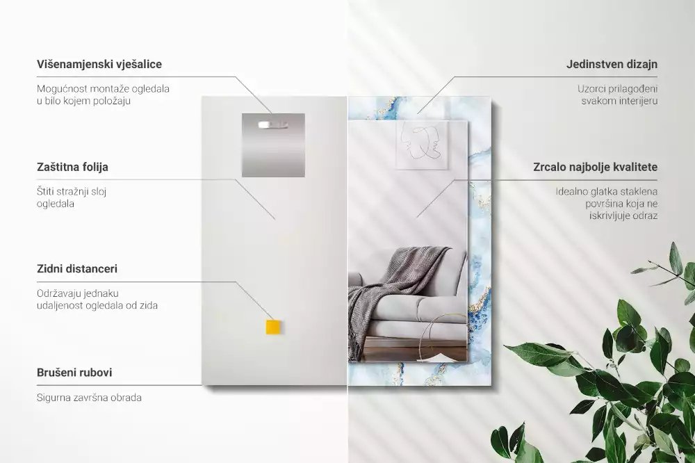 Obdélníkové zrcadlo rám s potiskem abstraktní mramorový vzor