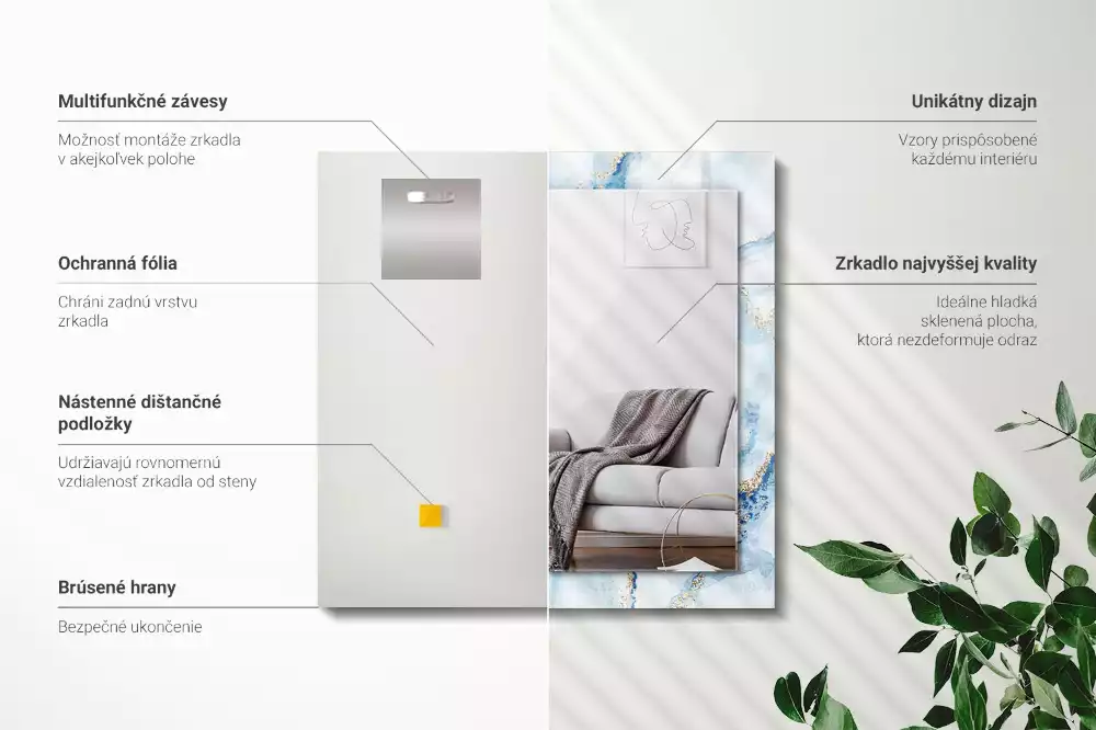 Obdélníkové zrcadlo rám s potiskem abstraktní mramorový vzor