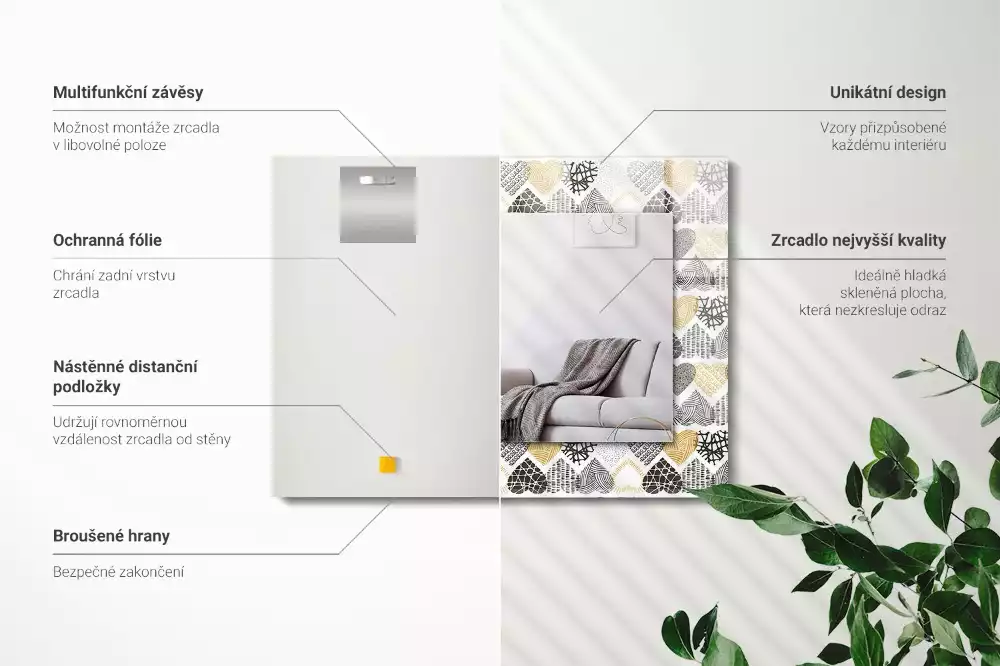 Obdélníkové zrcadlo rám s potiskem barevná srdíčka