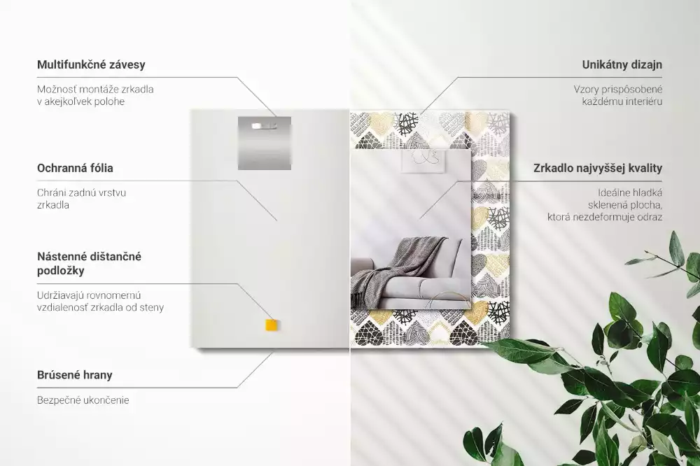 Obdélníkové zrcadlo rám s potiskem barevná srdíčka