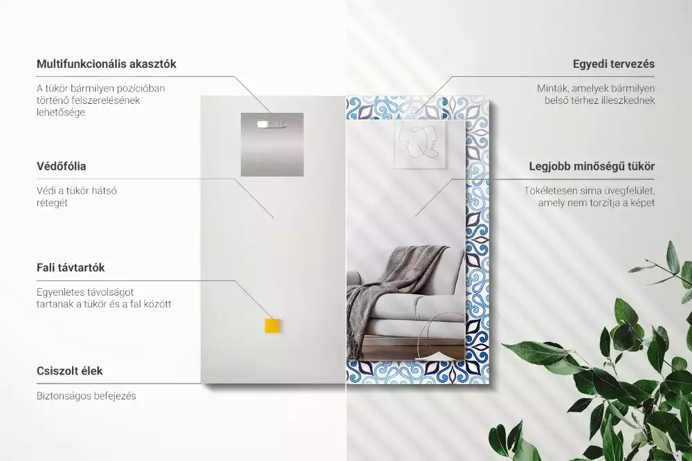 Obdélníkové zrcadlo rám s potiskem světle modrý ornamentální vzor