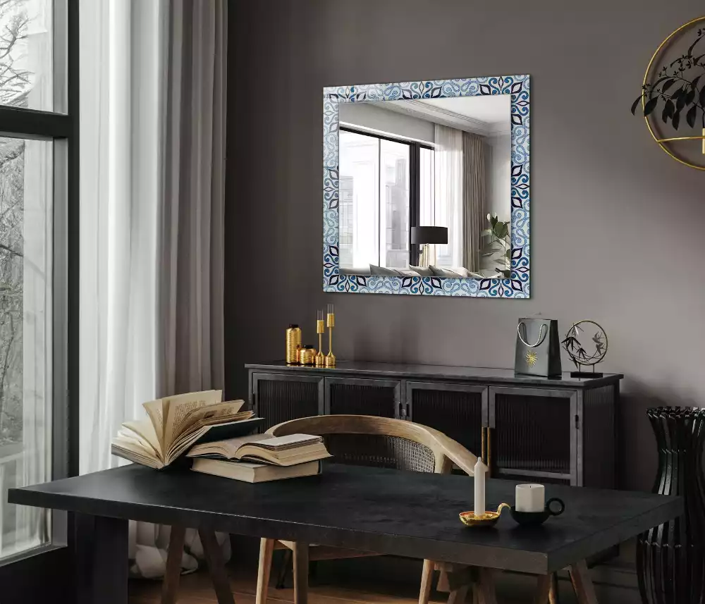 Obdélníkové zrcadlo rám s potiskem světle modrý ornamentální vzor