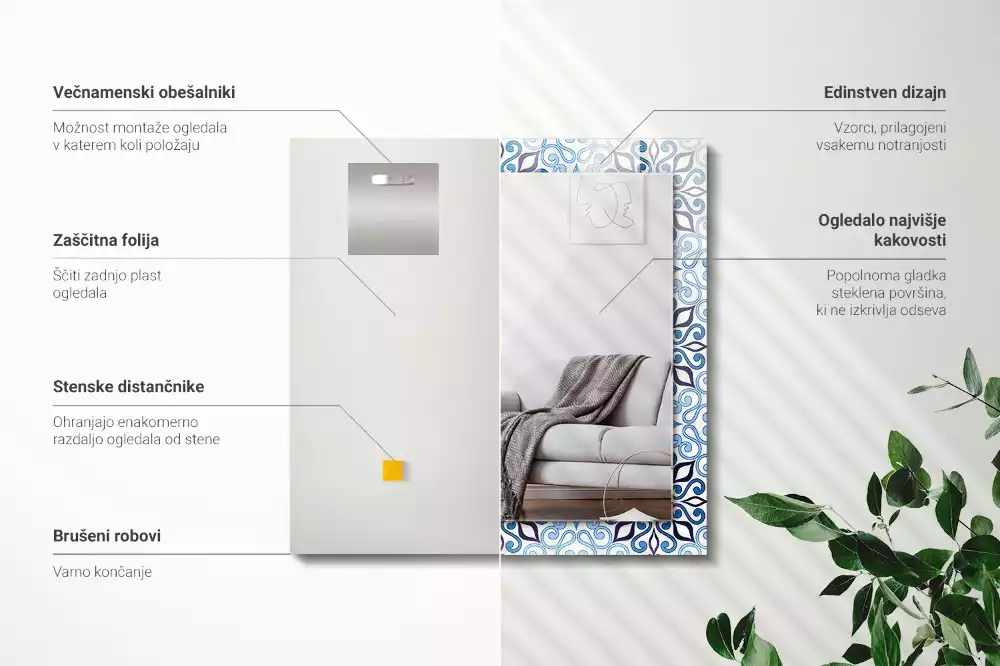 Obdélníkové zrcadlo rám s potiskem světle modrý ornamentální vzor