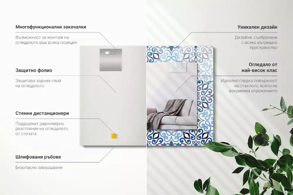 Obdélníkové zrcadlo rám s potiskem světle modrý ornamentální vzor