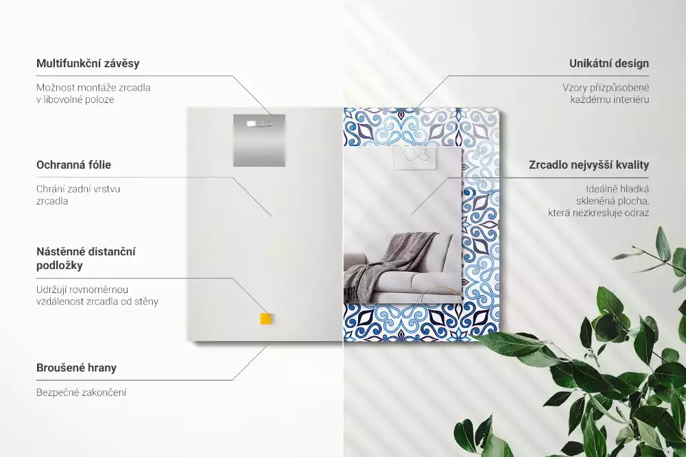 Obdélníkové zrcadlo rám s potiskem světle modrý ornamentální vzor