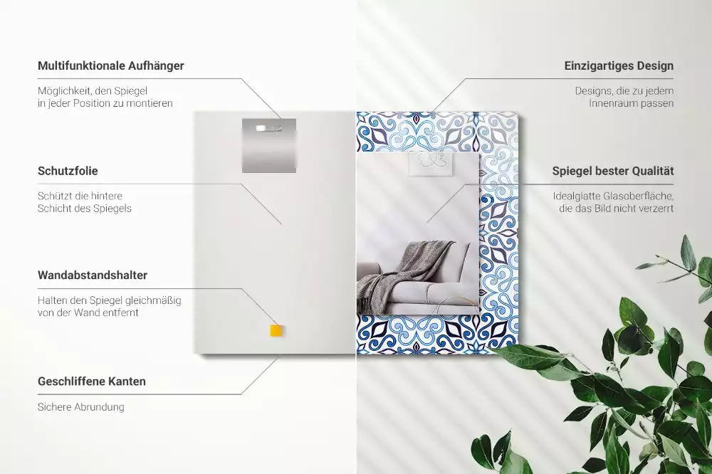Obdélníkové zrcadlo rám s potiskem světle modrý ornamentální vzor
