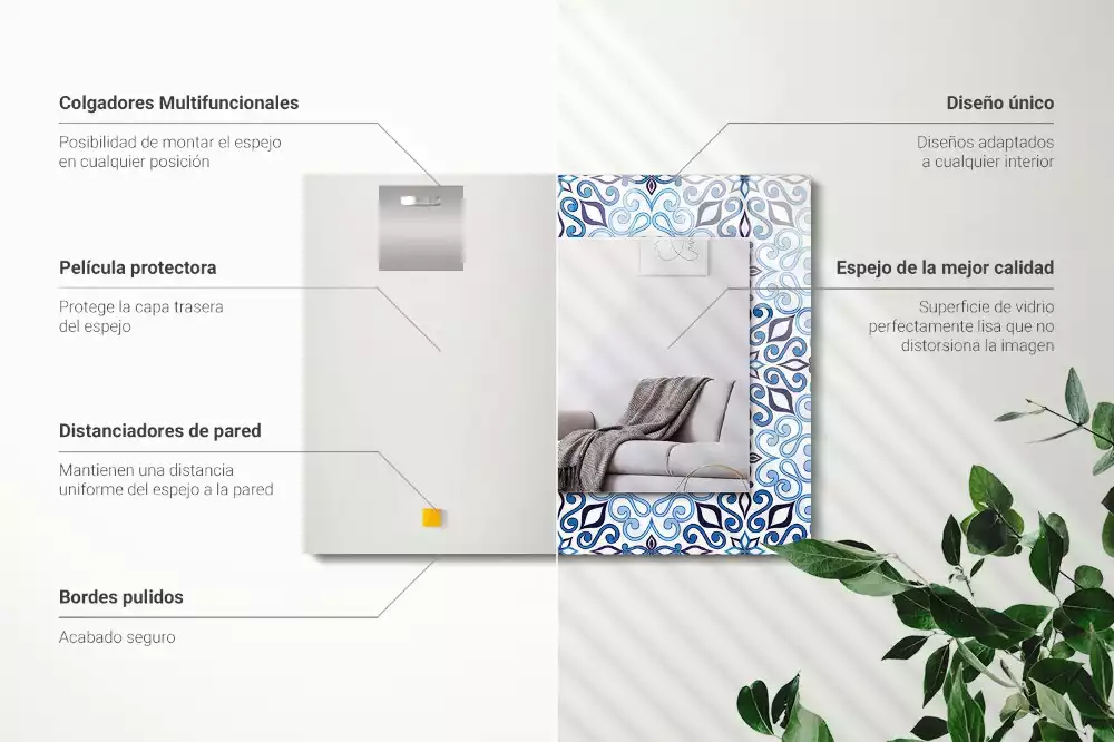 Obdélníkové zrcadlo rám s potiskem světle modrý ornamentální vzor