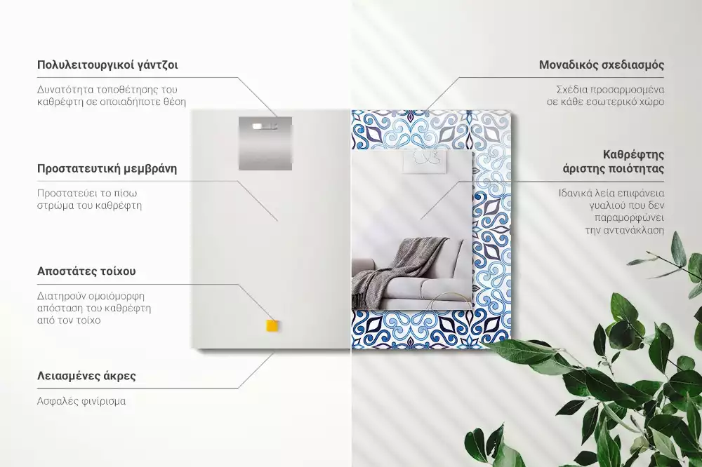Obdélníkové zrcadlo rám s potiskem světle modrý ornamentální vzor