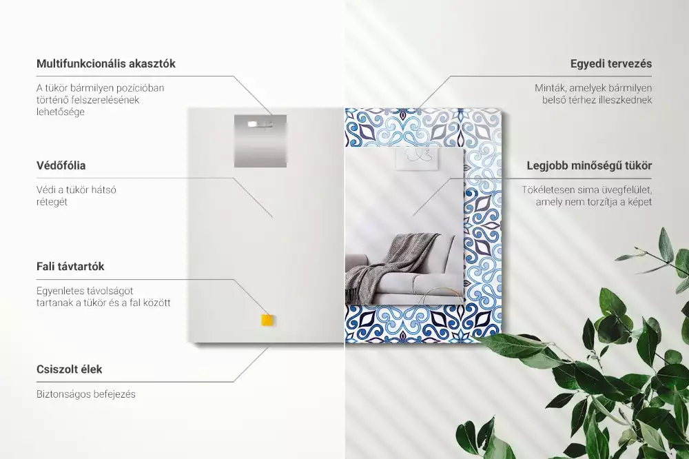 Obdélníkové zrcadlo rám s potiskem světle modrý ornamentální vzor