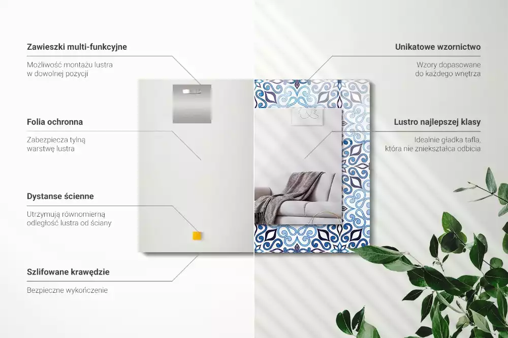 Obdélníkové zrcadlo rám s potiskem světle modrý ornamentální vzor
