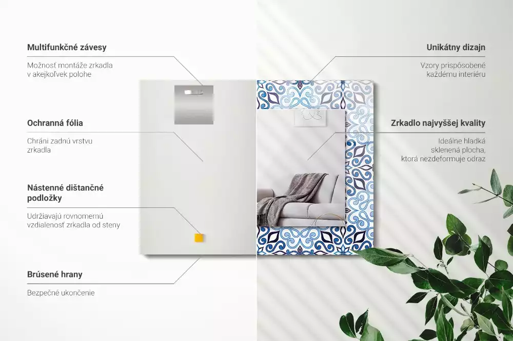 Obdélníkové zrcadlo rám s potiskem světle modrý ornamentální vzor