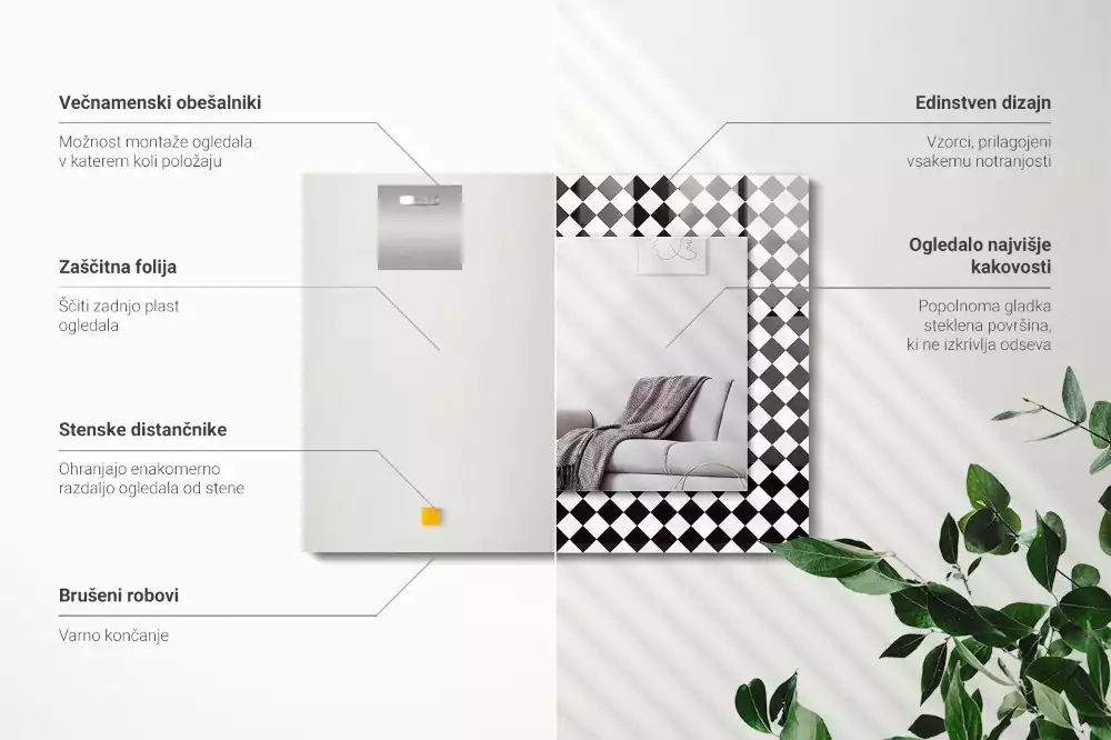 Obdélníkové zrcadlo s dekorem černobílá šachovnice