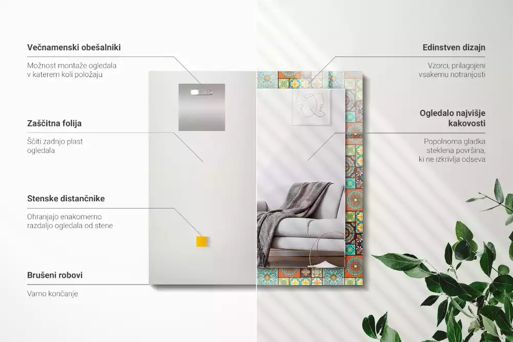 Obdélníkové zrcadlo rám s potiskem barevná mozaika z dlaždic