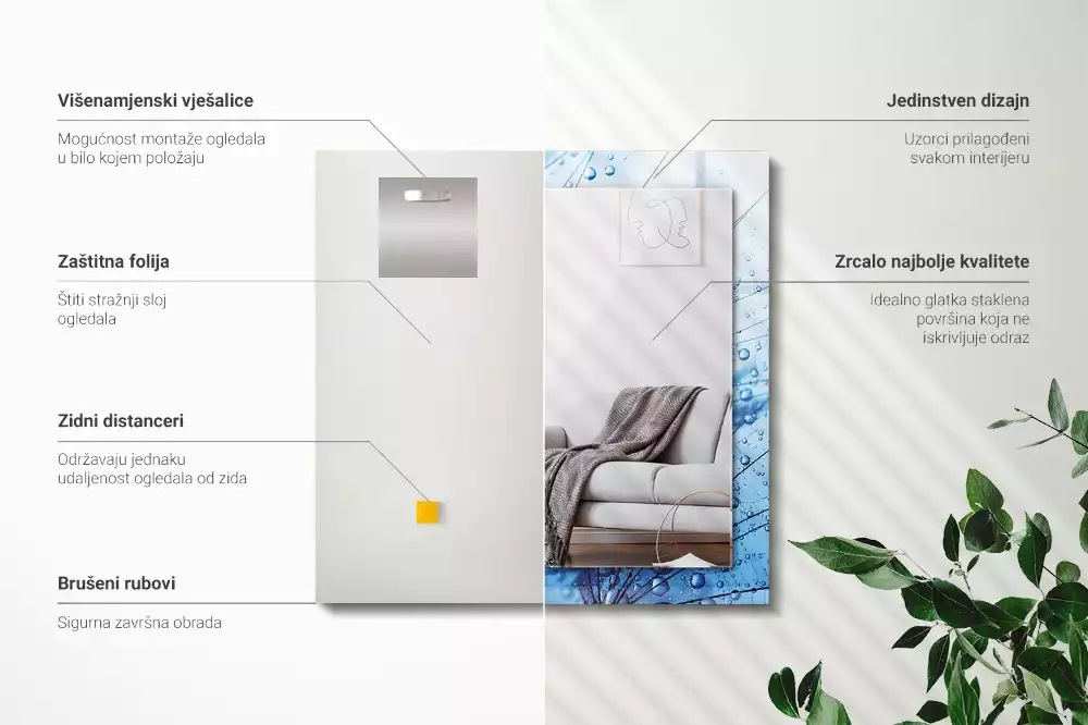 Obdélníkové dekorační zrcadlo na zeď kapky vody na pampeliškách