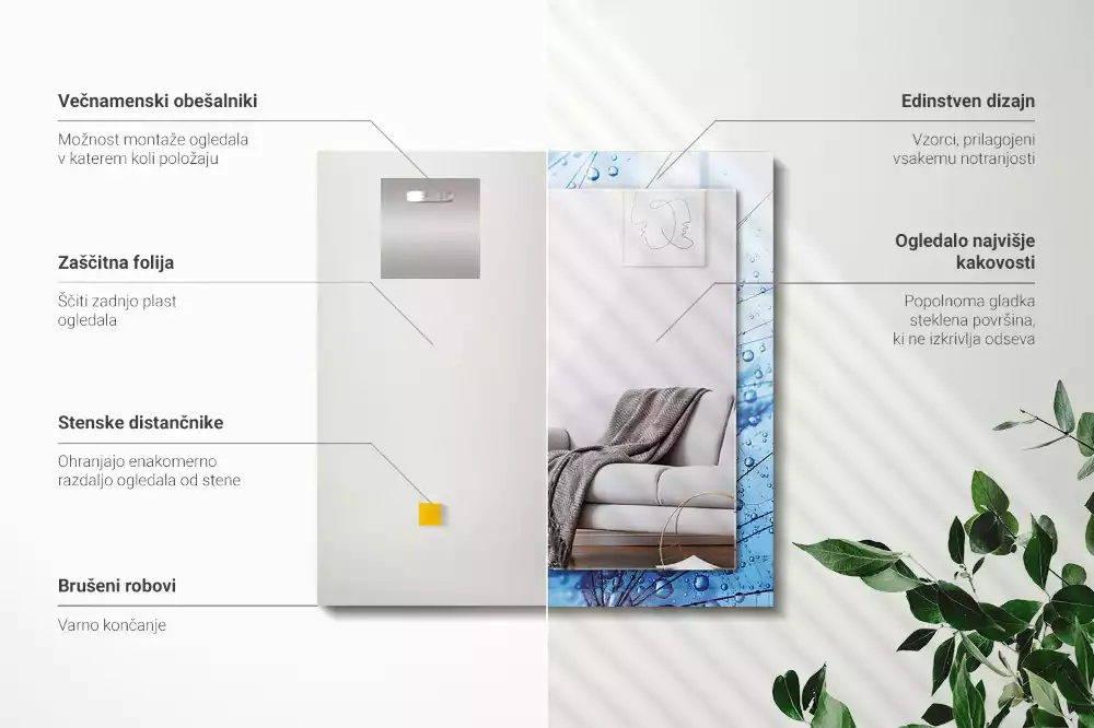 Obdélníkové dekorační zrcadlo na zeď kapky vody na pampeliškách
