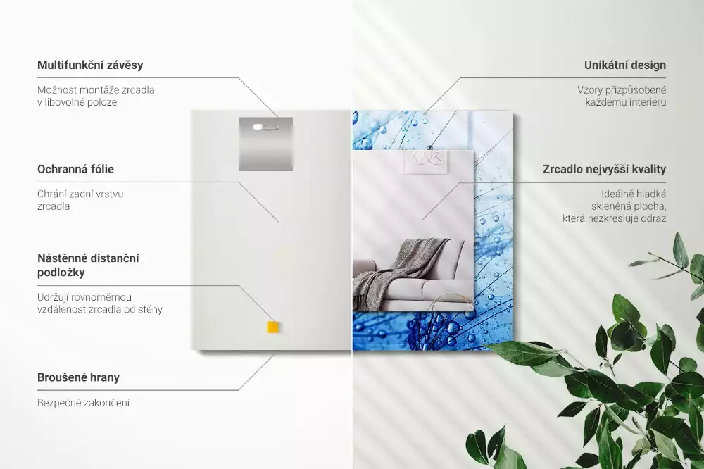 Obdélníkové dekorační zrcadlo na zeď kapky vody na pampeliškách