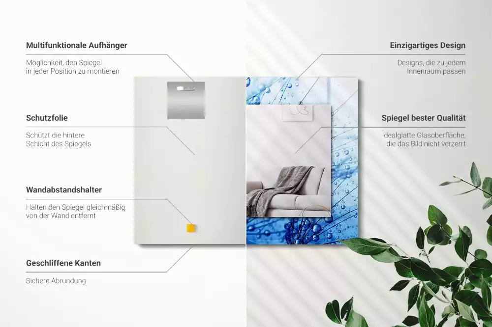 Obdélníkové dekorační zrcadlo na zeď kapky vody na pampeliškách