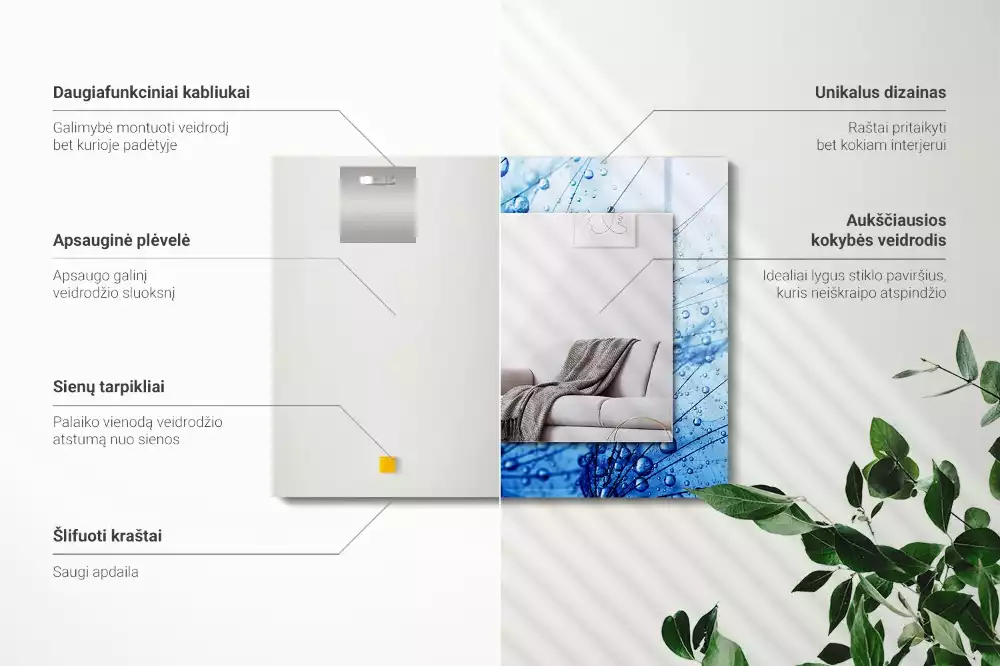 Obdélníkové dekorační zrcadlo na zeď kapky vody na pampeliškách