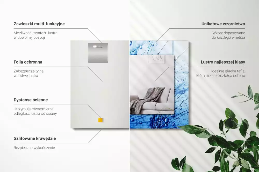 Obdélníkové dekorační zrcadlo na zeď kapky vody na pampeliškách
