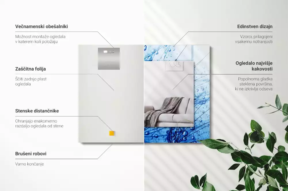 Obdélníkové dekorační zrcadlo na zeď kapky vody na pampeliškách