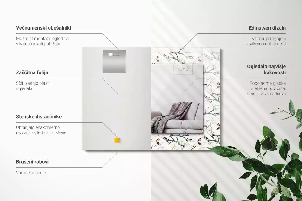 Obdélníkové zrcadlo rám s potiskem ptáčci na větvičkách
