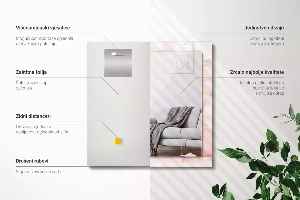 Obdélníkové dekorační zrcadlo na zeď růžový mramorový vzor