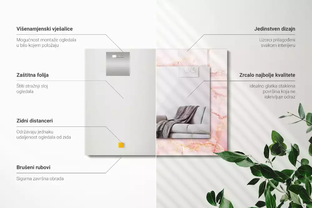 Obdélníkové dekorační zrcadlo na zeď růžový mramorový vzor