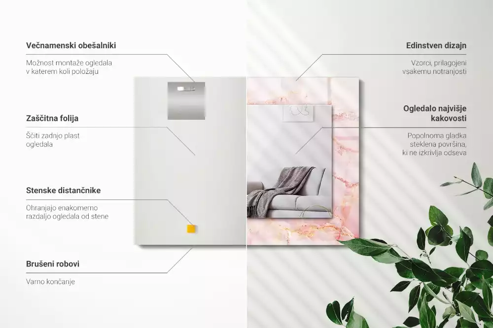 Obdélníkové dekorační zrcadlo na zeď růžový mramorový vzor