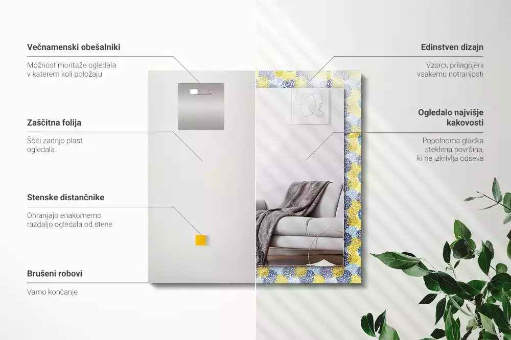 Obdélníkové zrcadlo rám s potiskem barevný květinový vzor