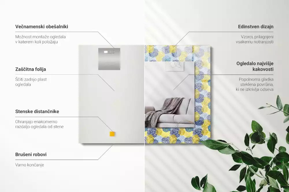 Obdélníkové zrcadlo rám s potiskem barevný květinový vzor
