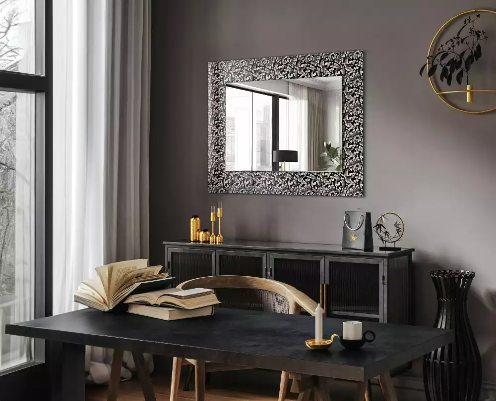 Obdélníkové zrcadlo rám s potiskem černobílá ornamentika