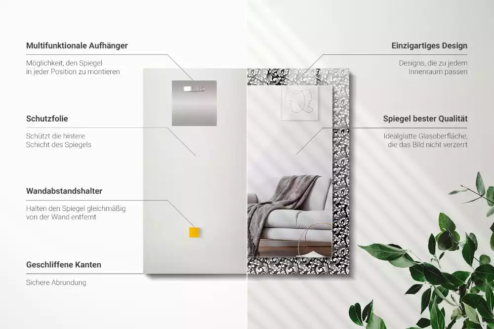 Obdélníkové zrcadlo rám s potiskem černobílá ornamentika